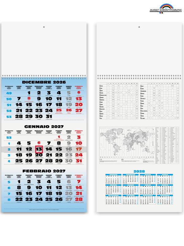 Pa508 Calendario Trittico Blu 1 Spirale 31X69 Cm 12 Fogli